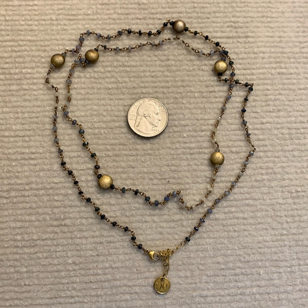 Nina Nguyen designer long necklace w/saffire faceted beads, sterling vermeil.